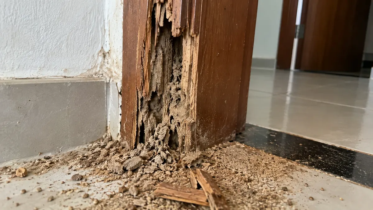 Batente e rodapé de madeira destruídos por cupim — dano estrutural que a Ativa identifica na inspeção técnica