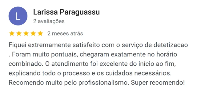 Avaliação de Larissa Paraguassu no Google: pontuais, explicaram todo o processo e os cuidados necessários