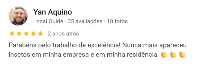 Avaliação de Yan Aquino no Google: nunca mais apareceram insetos na empresa e na residência
