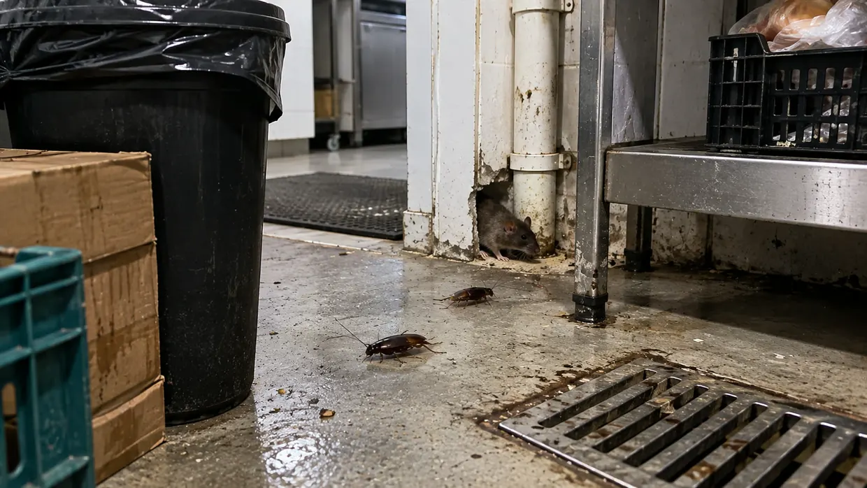 Rato e baratas em área de depósito comercial — pragas urbanas atendidas pela Ativa